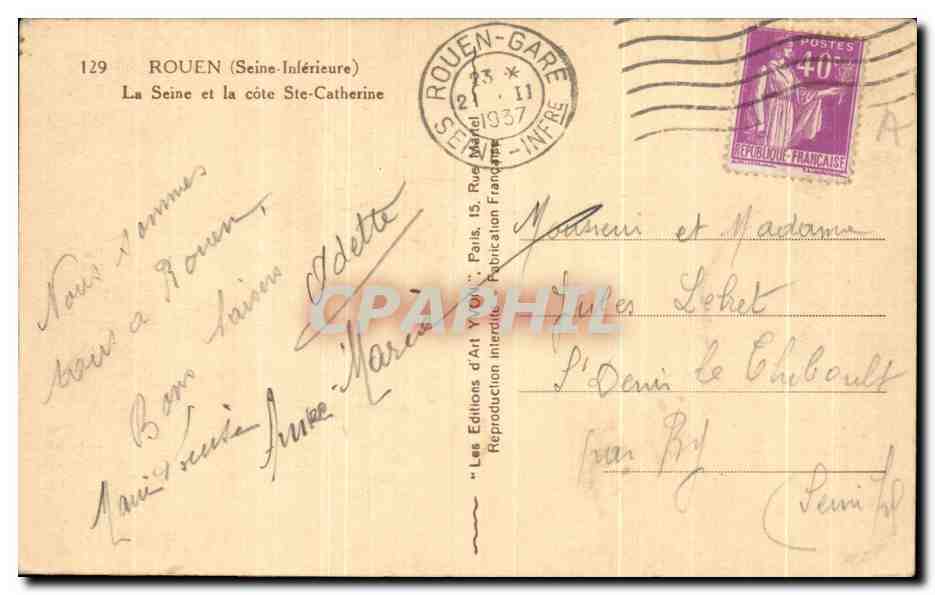 CPA Rouen La Seine et la cote Ste Catherine — Rückseite
