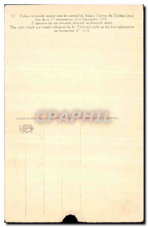 Palmes et croix — fragments retrouvés lors de l'exhumation de Sainte Thérèse de l'Enfant-Jésus — éditeur non visible — Verso