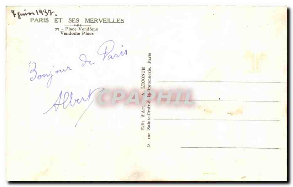 CPA Paris Et Ses Merveilles Place Vendome  — Verso