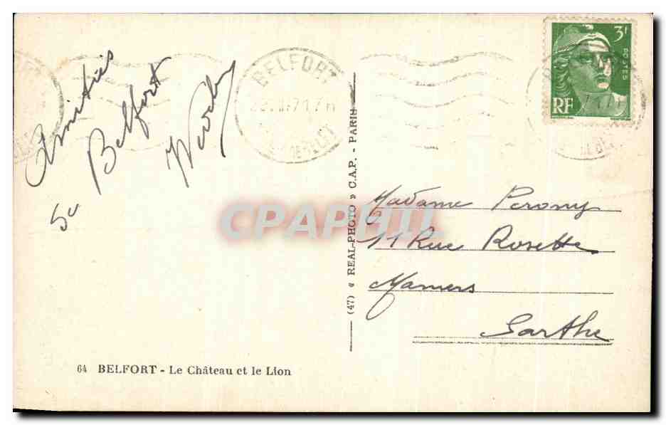 CPA Belfort Le Chateau et le Lion — Verso