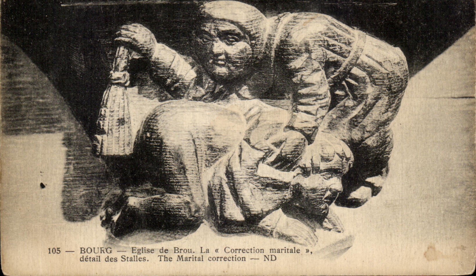 Bourg — Église de Brou. La « Correction maritale », détail des Stalles — ND