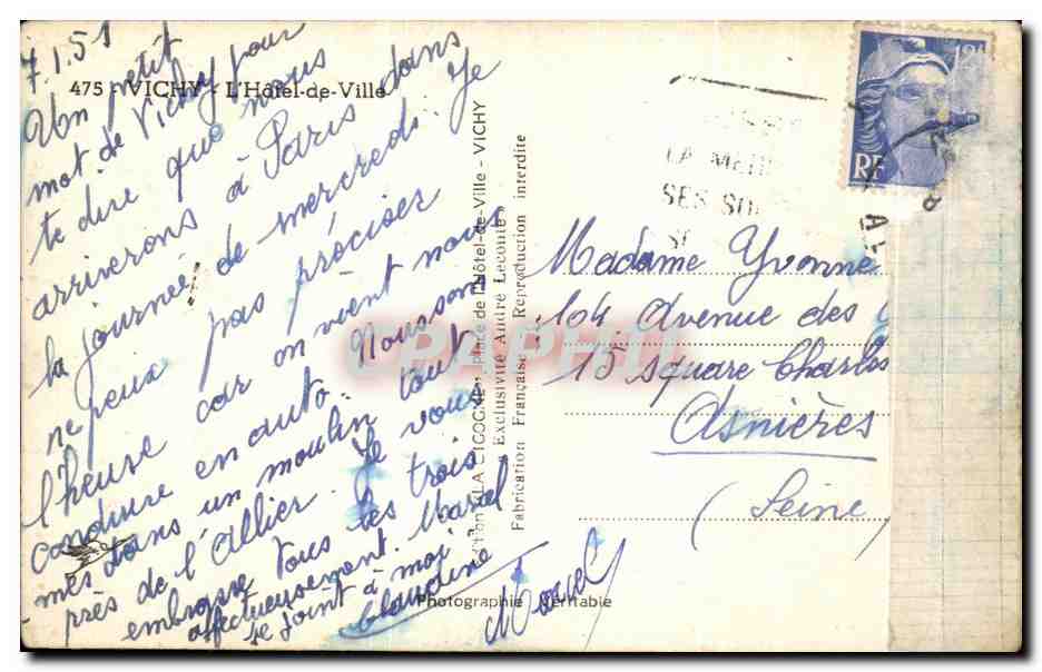 CPA Vichy Hotel de ville — Verso