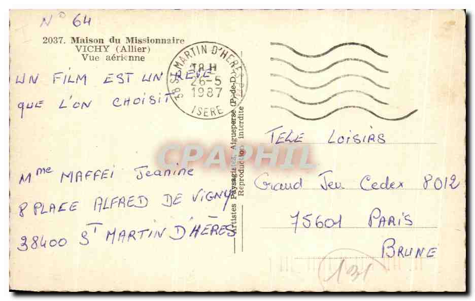 CPSM Maison du Missionnaire Vichy Vue Aerienne — Rückseite