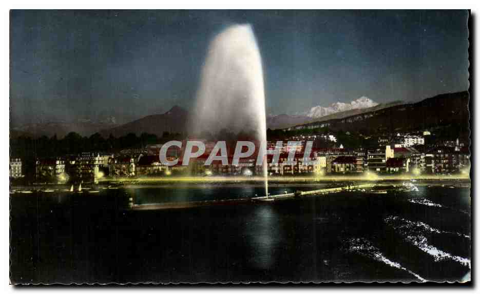 CPA Geneve Le Jet d'Eau illumine et le Mont Blanc