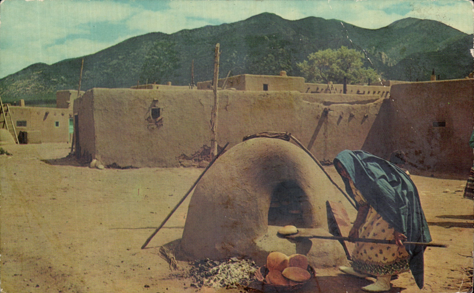 CPA Indian Woman Baking Bread at Taos Pueblo New Mexico