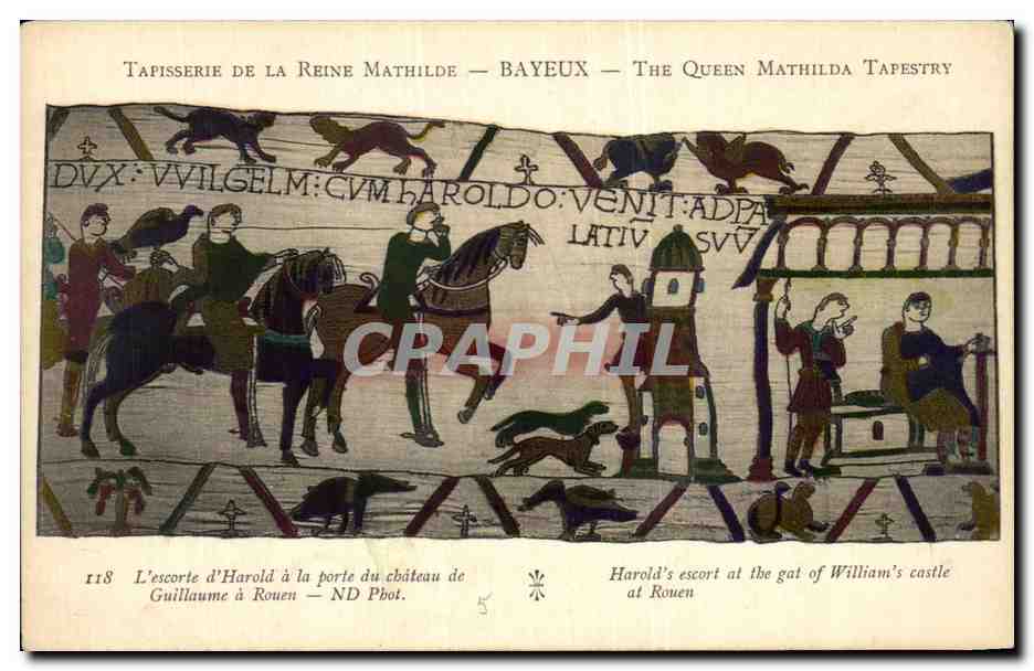 CPA Bayeux Tapisserie de la reine Mathilde L'escorte d'Harold a la porte du chateau de Guillaume a Rouen Aigle rapace