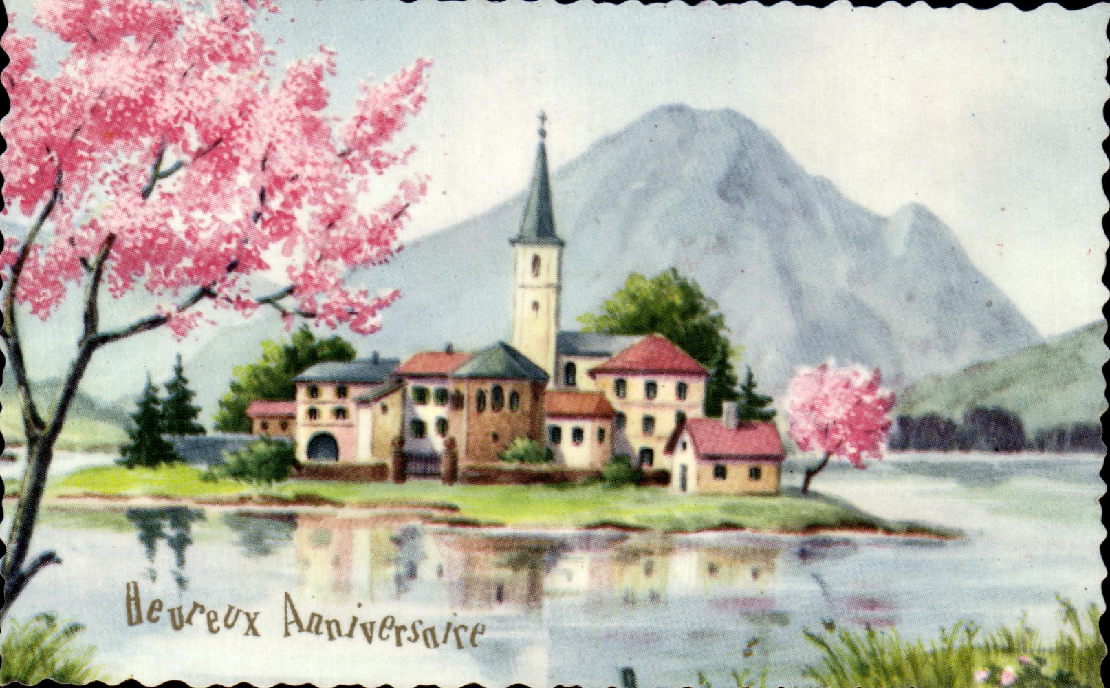 Village lacustre avec église — Heureux Anniversaire — Photocchion, Glacern 873