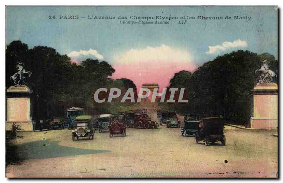 CPA Paris L'Avenue des Champs Elysees et les Chevaux de Marly Automobile