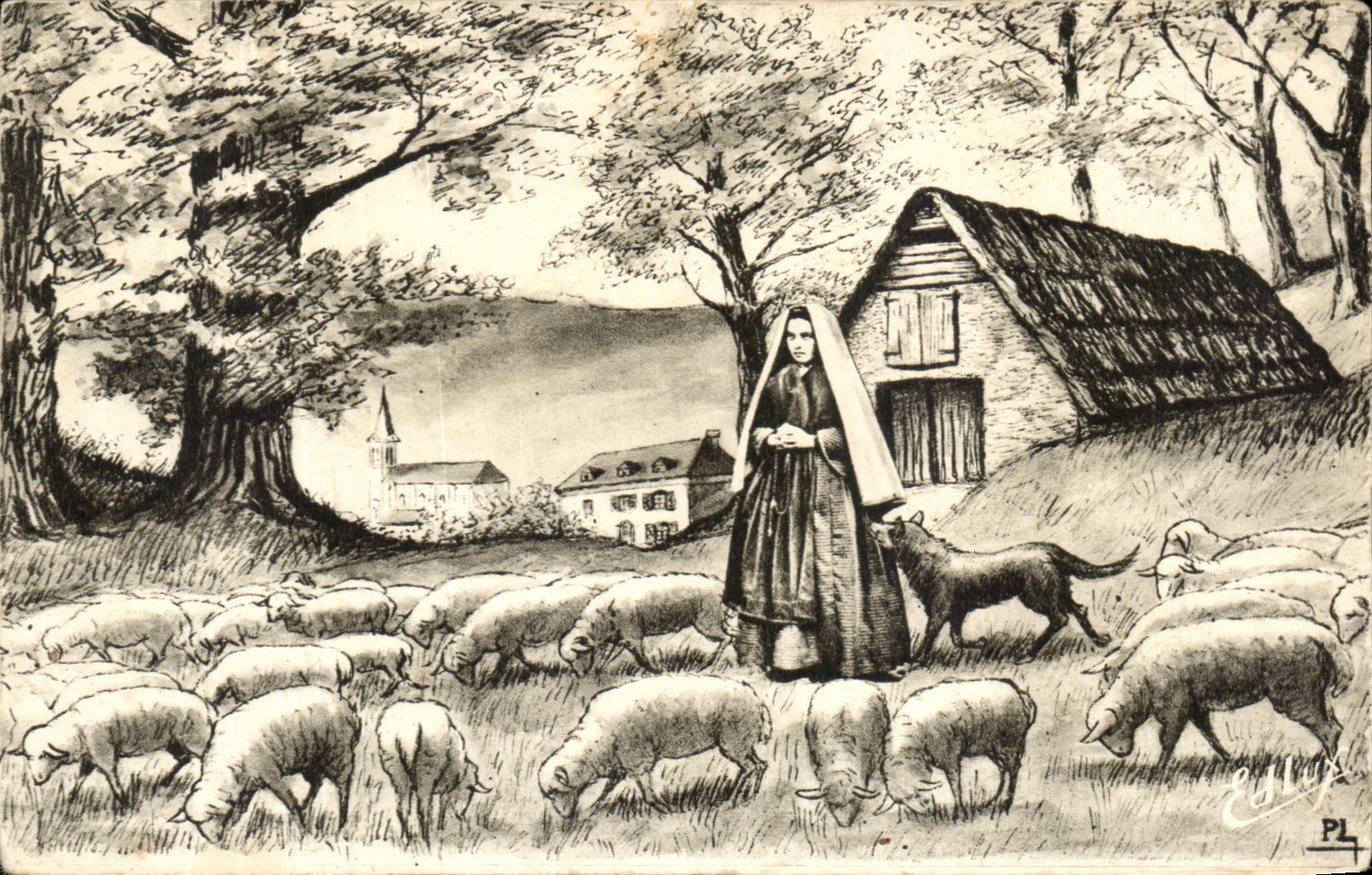 CPA Lourdes Bernadette gardant les moutons Loup