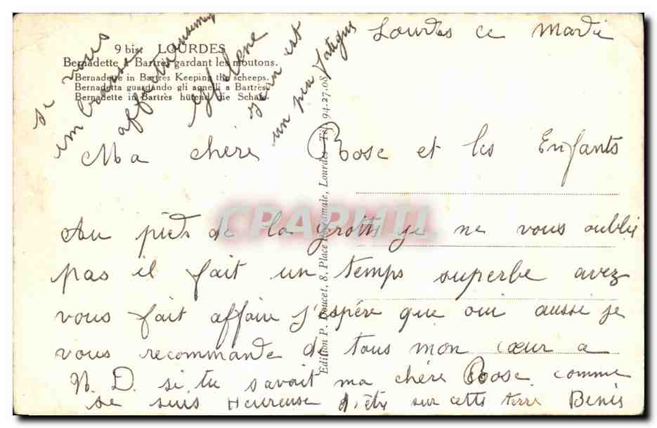 CPA Lourdes Bernadette gardant les moutons Loup — Verso