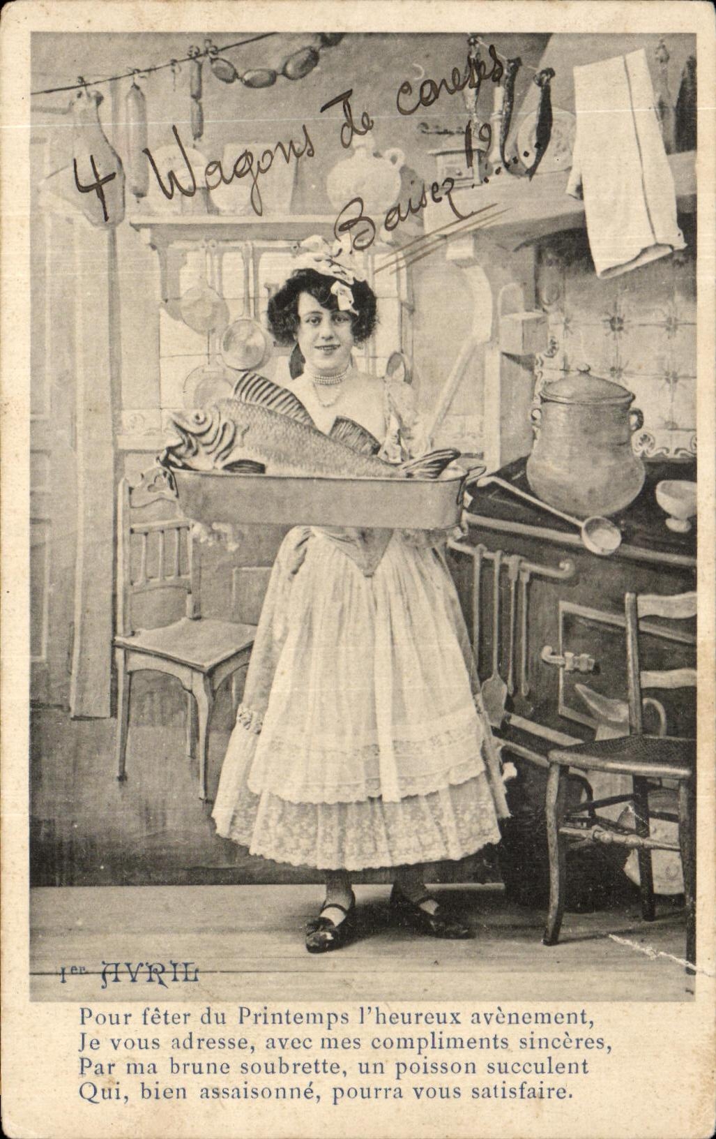 CPA Fantaisie Femme 1er Avril Poisson