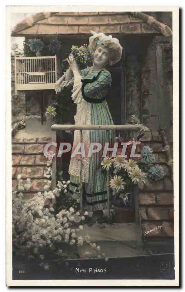 Mimi Pinson — donna in abito a righe che tiene un mazzo di fiori — edita da Sternberg, n° 210