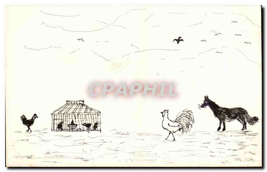 CPA Fantaisie Dessin a la main Poule Cheval 