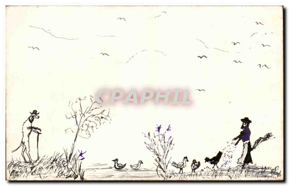 CPA Fantaisie Dessin a la main Poules Chien
