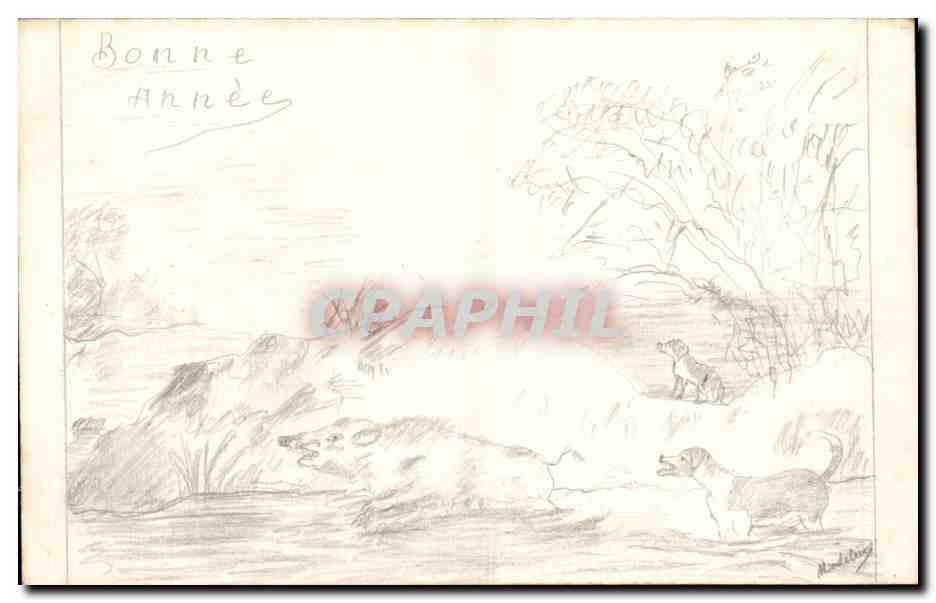 Chiens et sanglier — dessin à l'encre — sans éditeur ni numéro