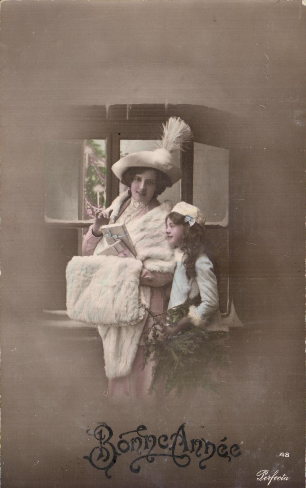 Femme et enfant devant une fenêtre — Bonne Année — Perfecta 48
