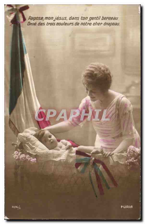 CPA Fantaisie Femme et enfant Bebe Drapeau Bleu Blanc Rouge