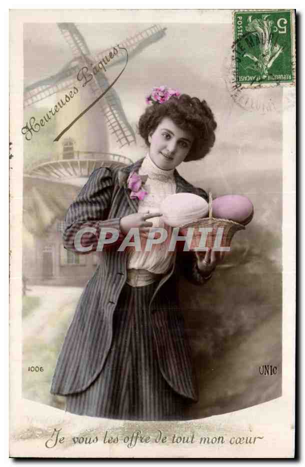 Femme avec panier d'œufs — Heureuses Pâques — éditeur UNIC, n° 1006