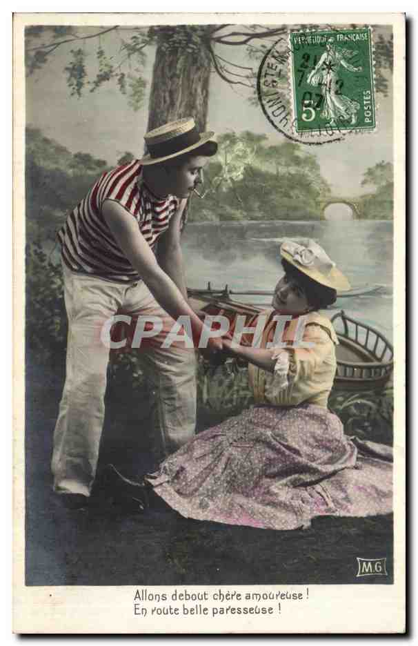 Amoureux et amoureuse près d'un lac — M.G. — timbre 5c vert