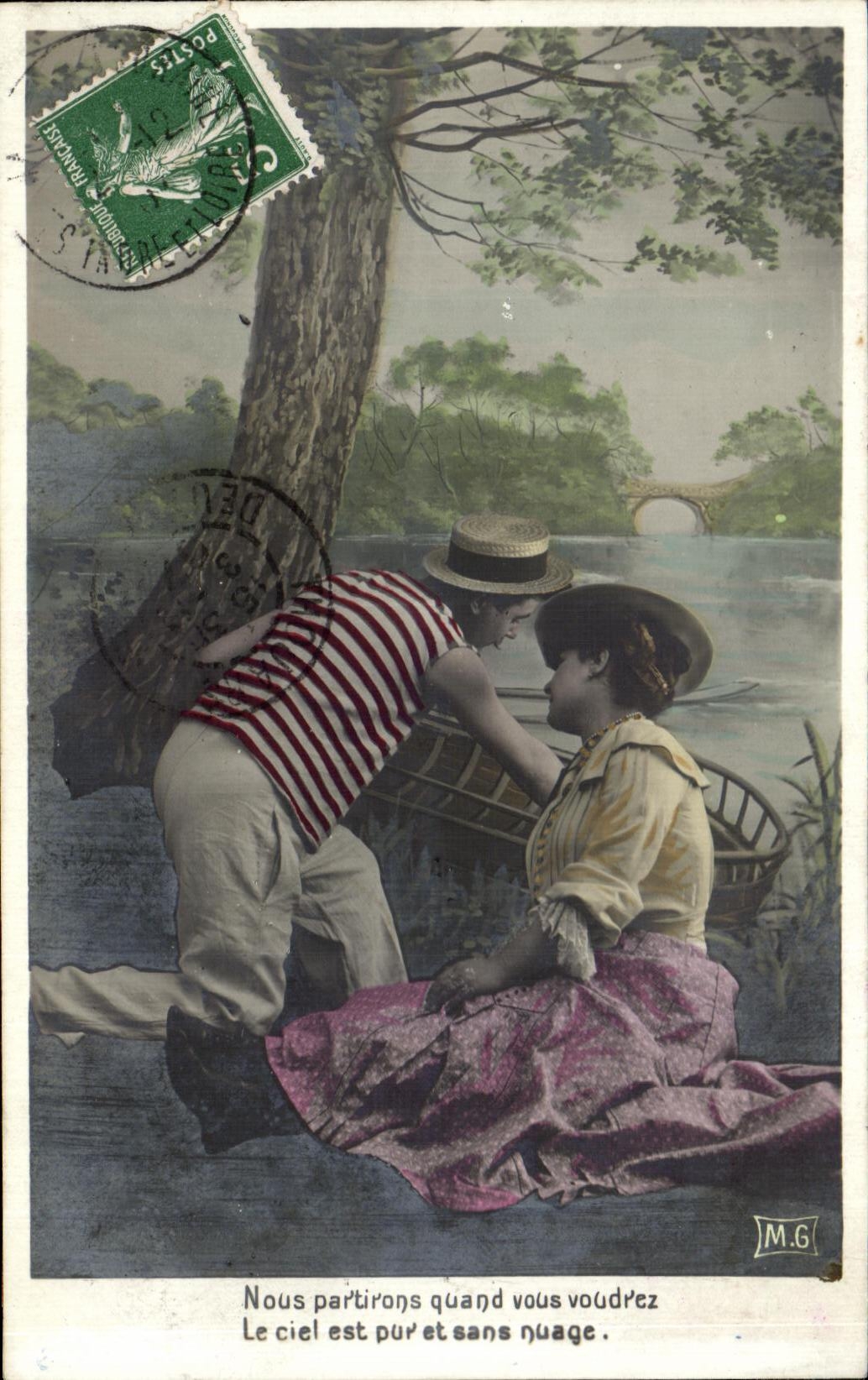 Couple amoureux près d'un lac — M.G. — éditeur non visible