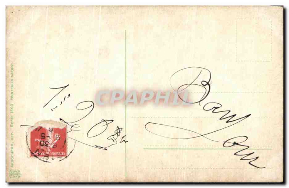 Femme en robe rose parmi des fleurs — CPA Anrochrom, Série 1550 — éditeur Anrochrom, Dép. Saxon — Reverso