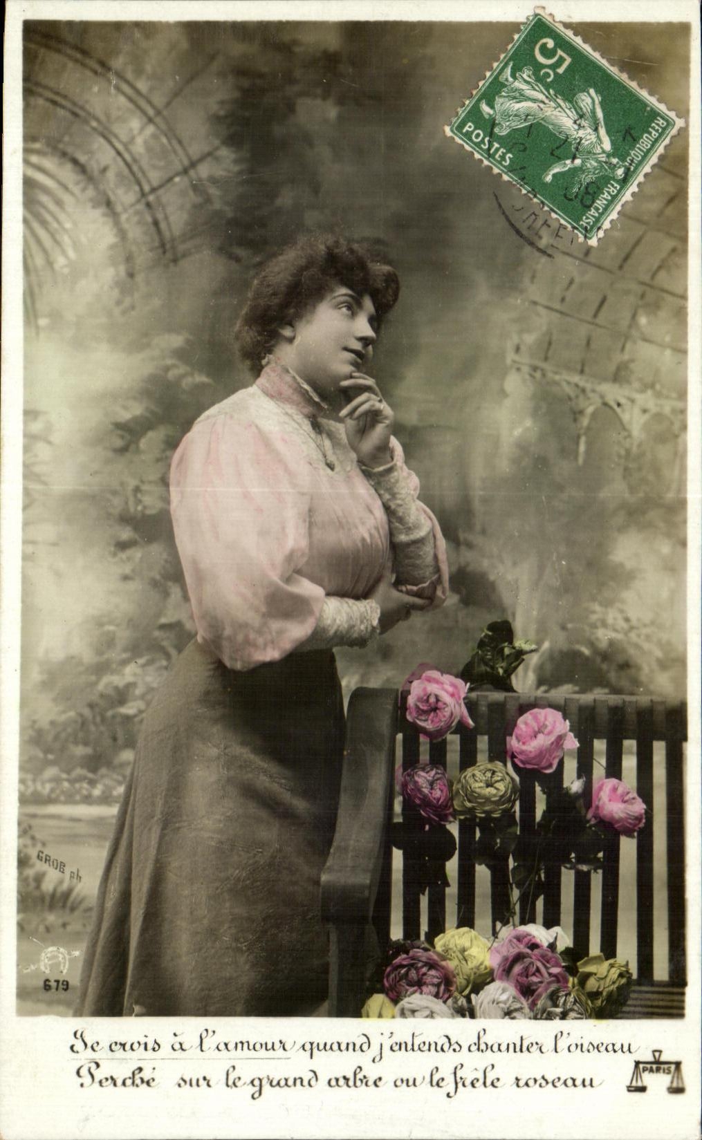 Femme à la rose — Perché sur le grand arbre où le frêle oiseau chante — éditeur Grob, n° 679