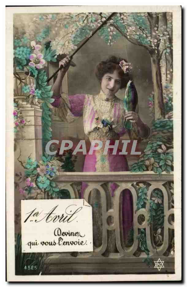 Femme sur balcon avec oiseau — 1er Avril — éditeur PCP, n° 4525