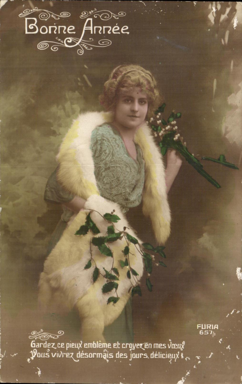Femme en fourrure tenant un buisson — Bonne Année — Furia 657