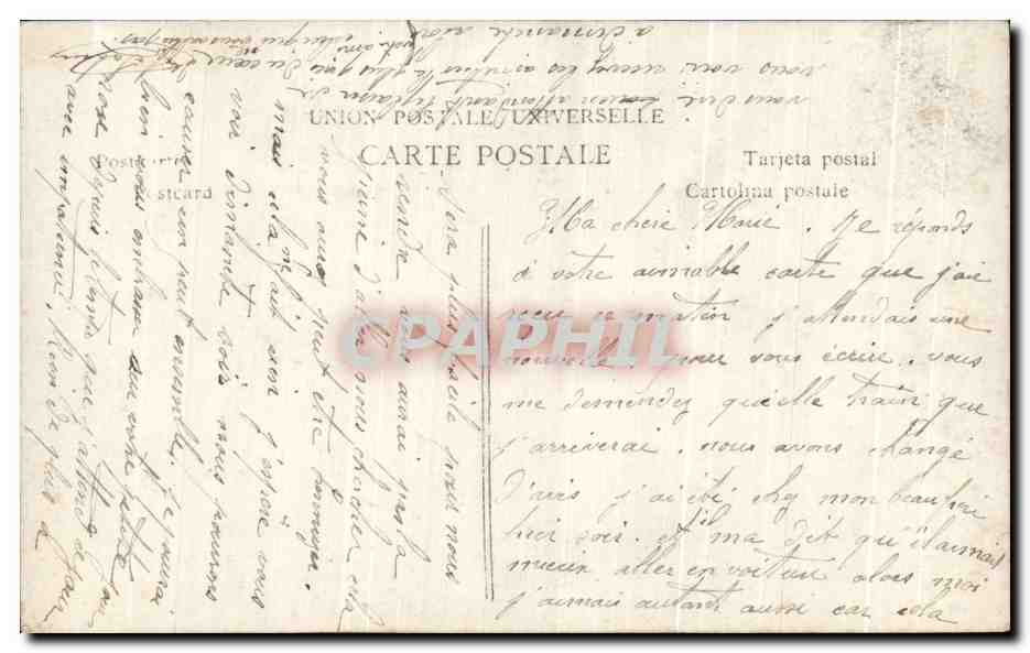 Femme en robe violette tenant une lettre — décor architectural — éditeur Un Bonjour n° 3590 — Verso