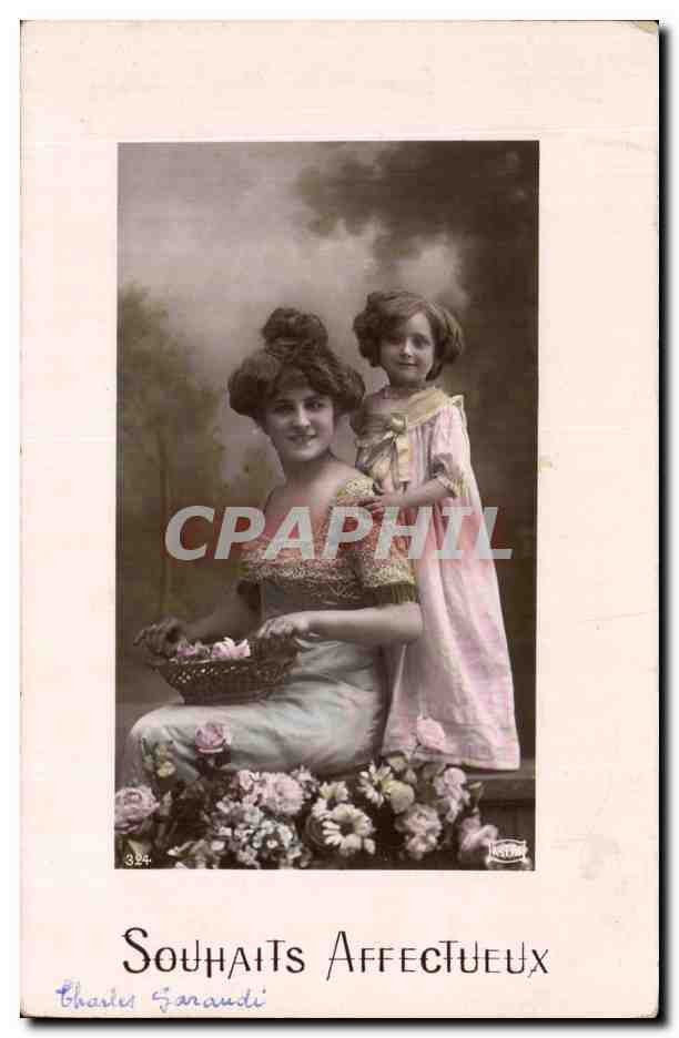 Femme et enfant avec bouquet — Souhaits Affectueux — Charles Garaudi, n°324
