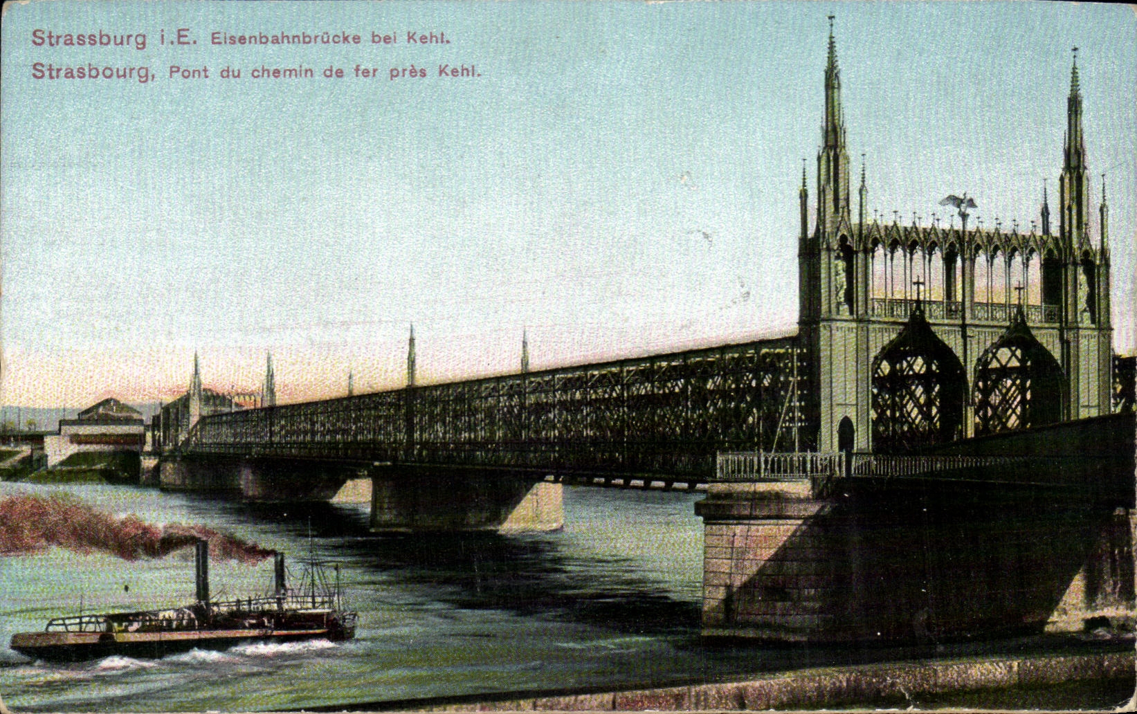 CPA Strassburg Eisenbahnbrucke bel Kehl Bateau