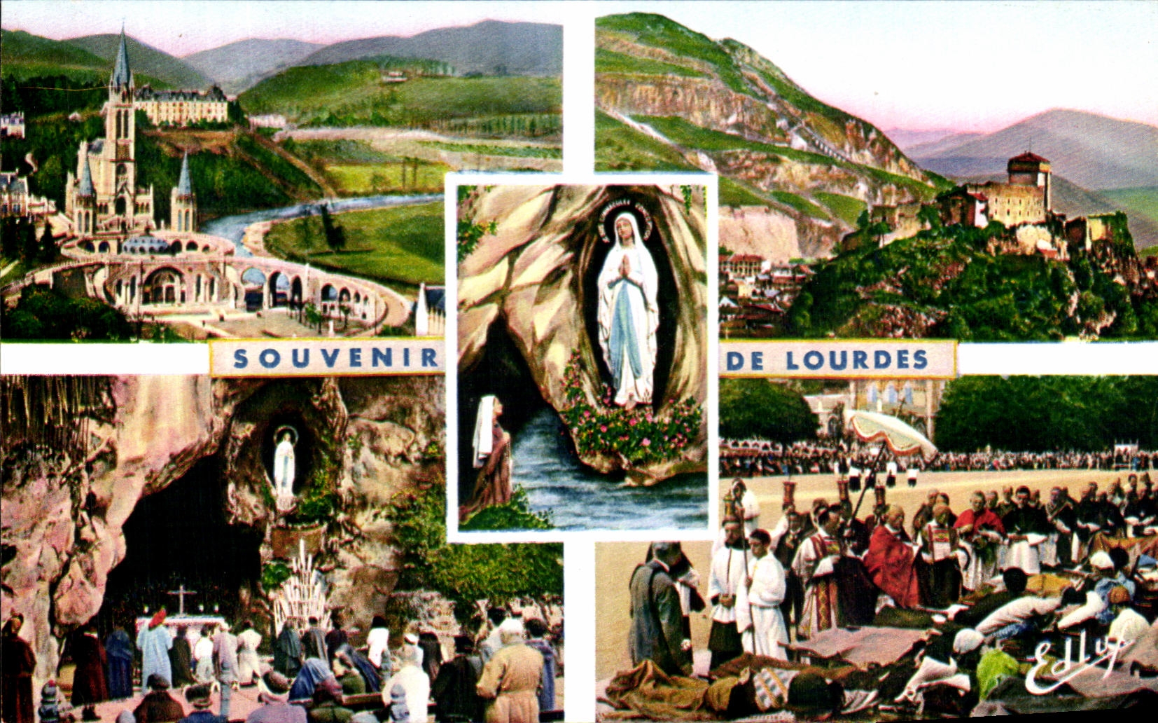CPSM Lourdes La Basilique La Grotte Le Chateau Fort La Benecdition Des Malades