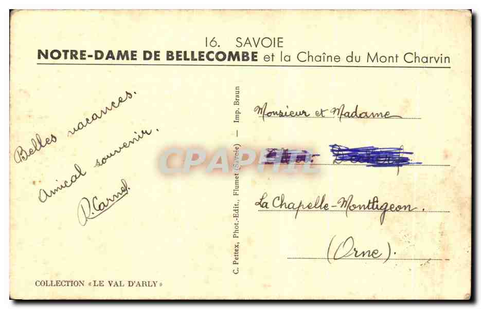 CPA Notre Dame de Bellecombe et la chaine du Mont Charvin — Rückseite
