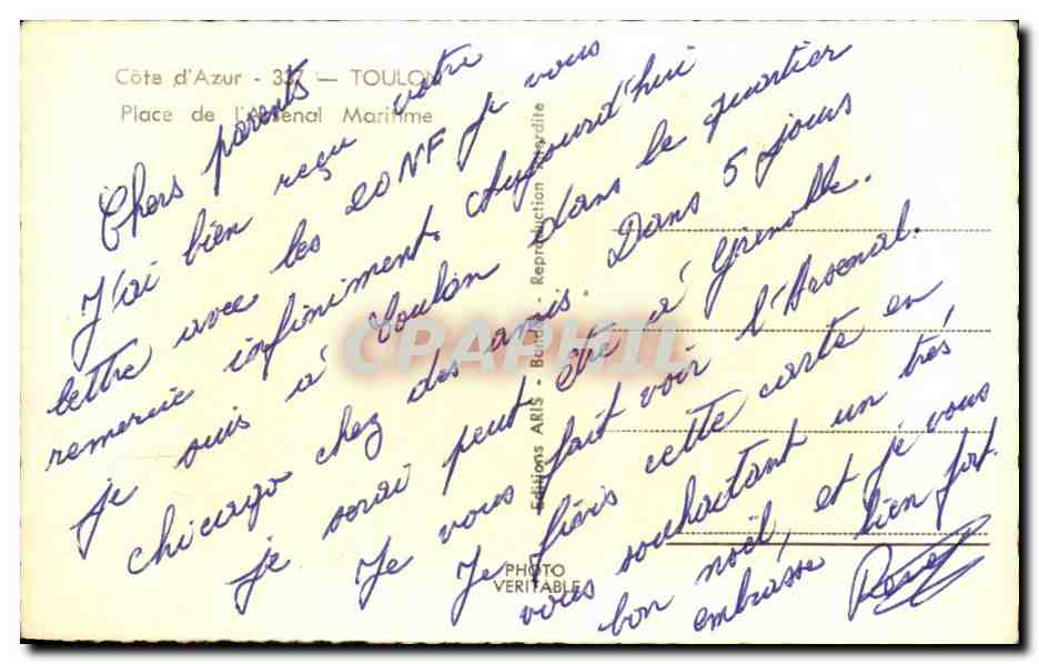 Place de l'Arsenal Maritime — Toulon — éditeur ARIS n°347 — Verso