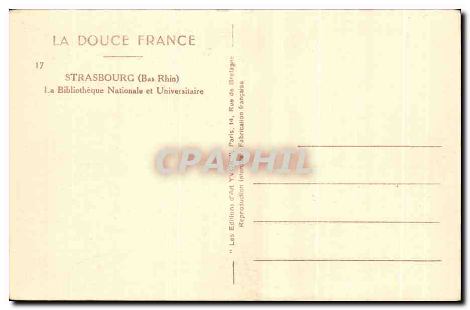 CPA Strasbourg La Bibliotheque Nationale et Universitaire — Verso
