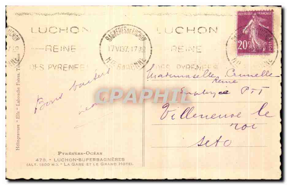 Le Grand Hotel à Luchon — Pyrénées-Orientales — éditeur Hélio, n°19 — Verso