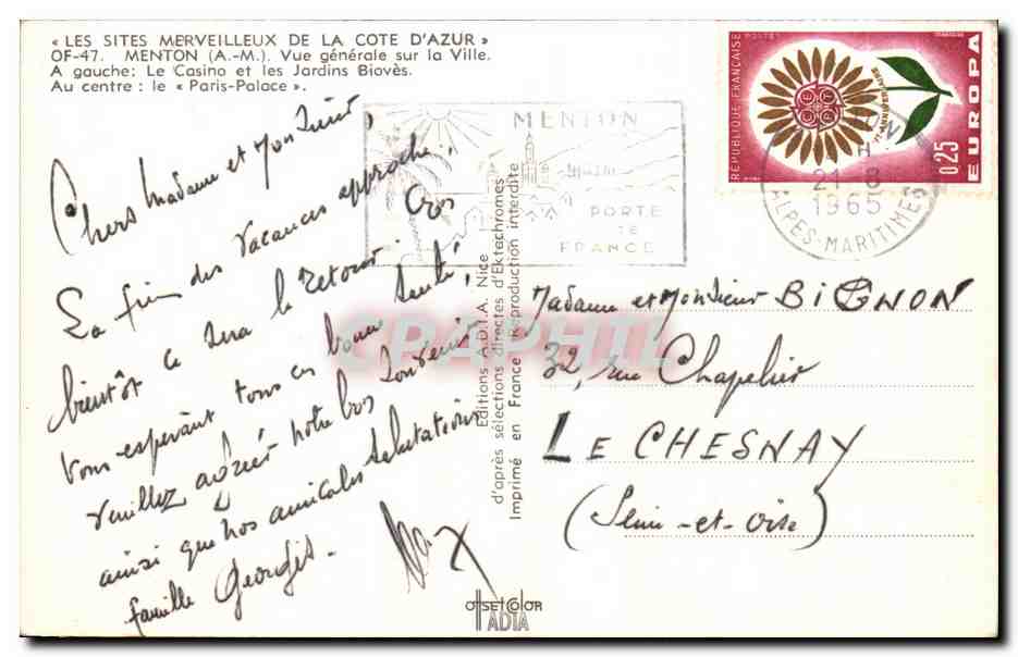 CPSM Les Sites Merveilleux De La Cote D'Azur Menton Vue generale sur la ville — Rückseite