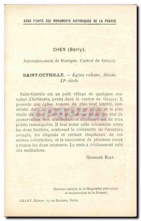 Saint-Outrille (Cher) — Église romane. Fragment de l'abside, côté N. — Les Monuments historiques de la France (4e Série). — Rückseite