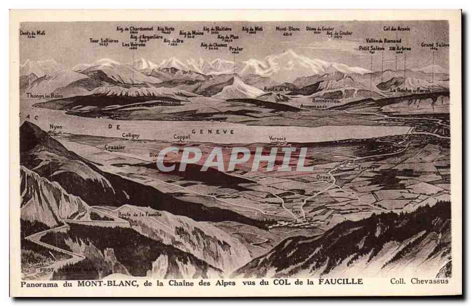 Panorama du Mont-Blanc, de la Chaîne des Alpes vus du Col de la Faucille — Phot. Bonvin March — Coll. Chevassus
