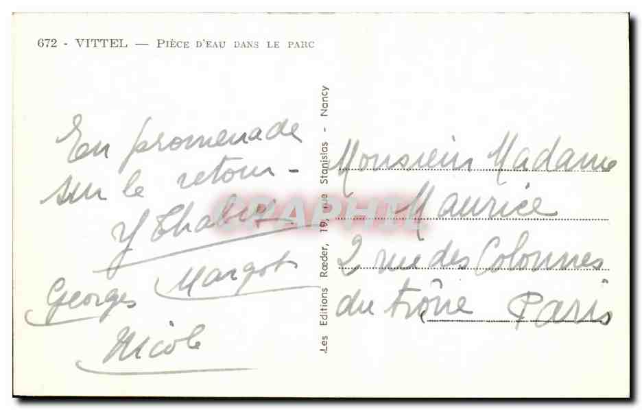 CPA Vittel Piece D'Eau Dans Le Parc Cygne  — Rückseite