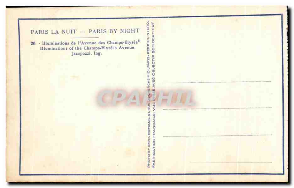 CPA Paris La Nuit Illuminations de l'Avenue des Champs Elysee Illuminations of the Champs Elysees — Rückseite