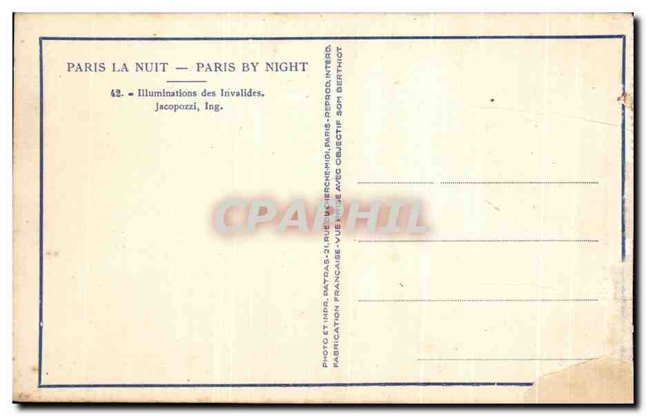 CPA Paris La Nuit Illuminations des Invalides  — Rückseite