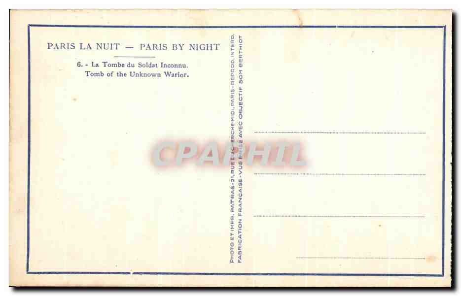 CPA Paris La Nuit La Tombe du Soldat Inconnu Militaria — Rückseite