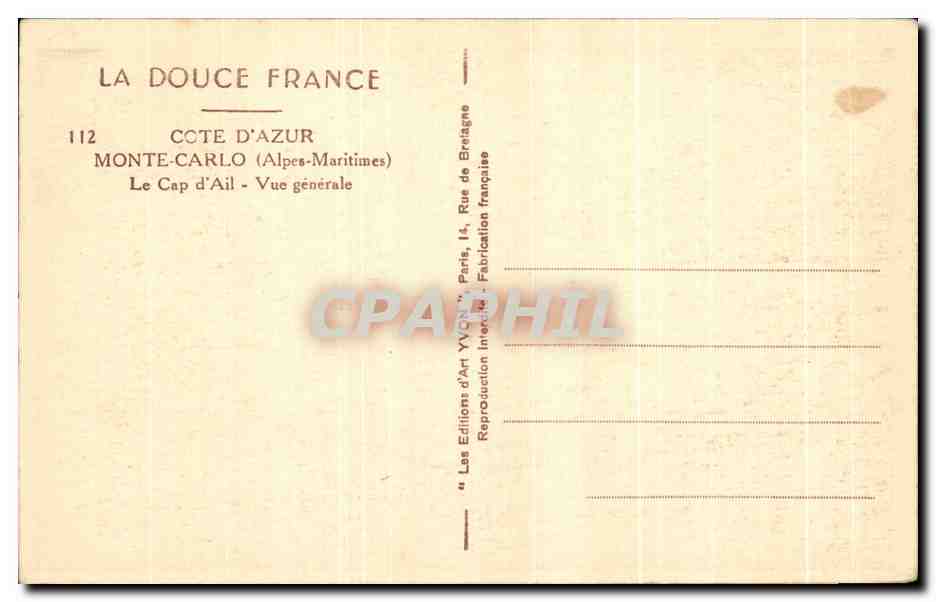 CPA Cote D'Azur Monte Carlo Le Cap d'Ail Vue generale — Verso