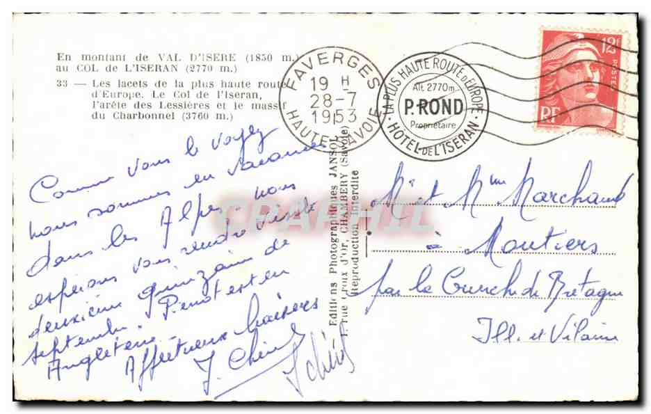Vue aérienne des lacets du Col de l'Iséran — Édition J. Chalbery, n°33 — Verso