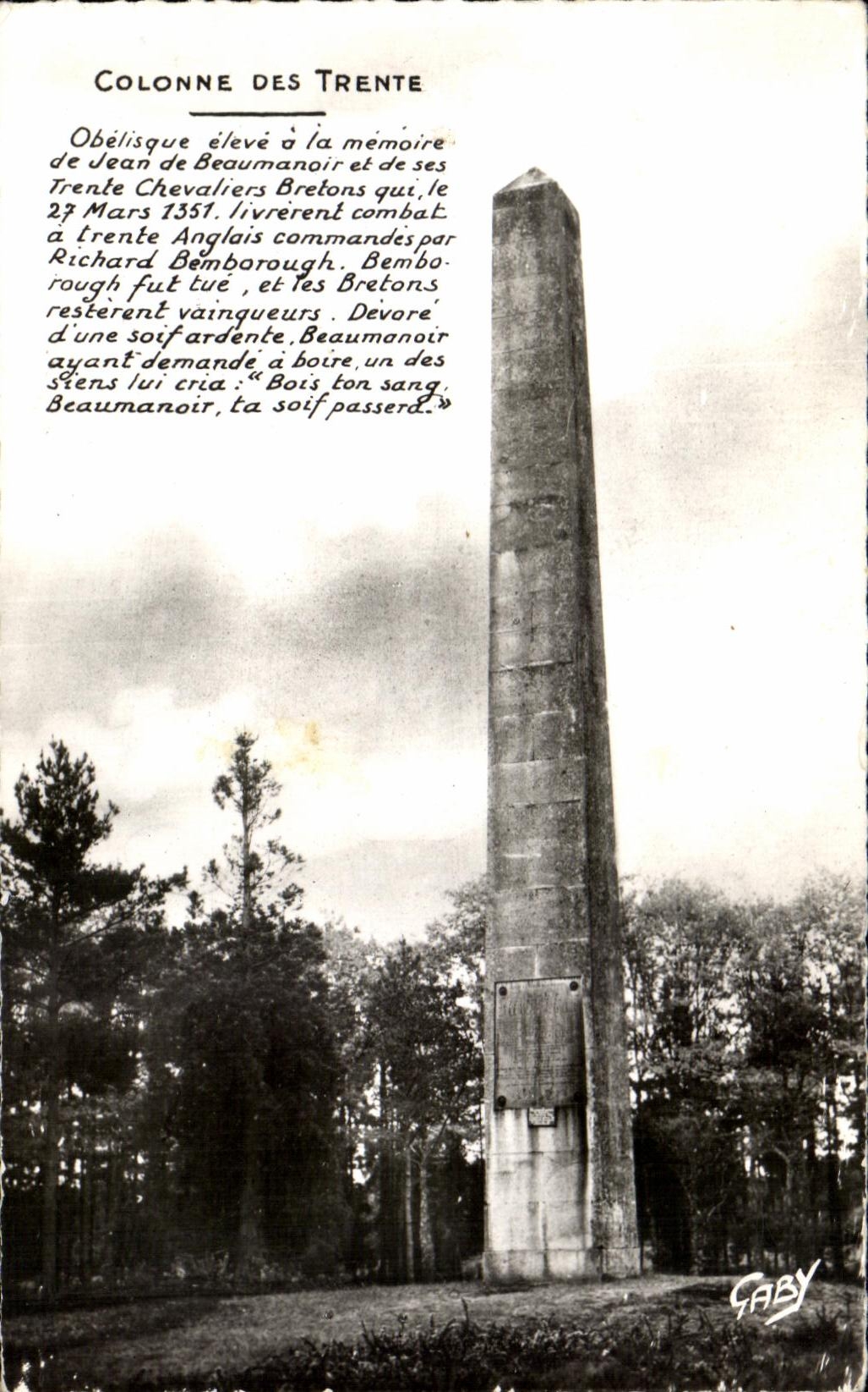 Säule der Dreißig — Gedenkobelisk in der Mitte zwischen Ploermel und Josselin — Editions Gaby