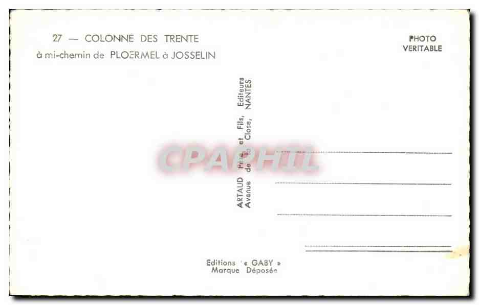 Säule der Dreißig — Gedenkobelisk in der Mitte zwischen Ploermel und Josselin — Editions Gaby — Rückseite