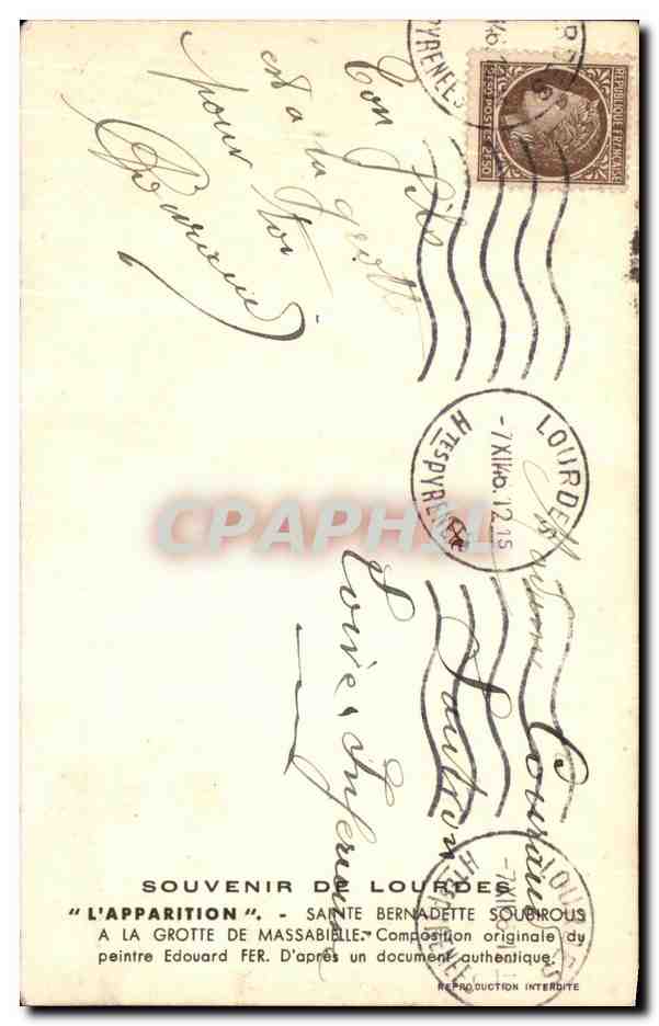 CPA Souvenir De Lourdes L'Apparition Sainte Bernadette Soubirous A La Grottr De Massabielle  — Verso