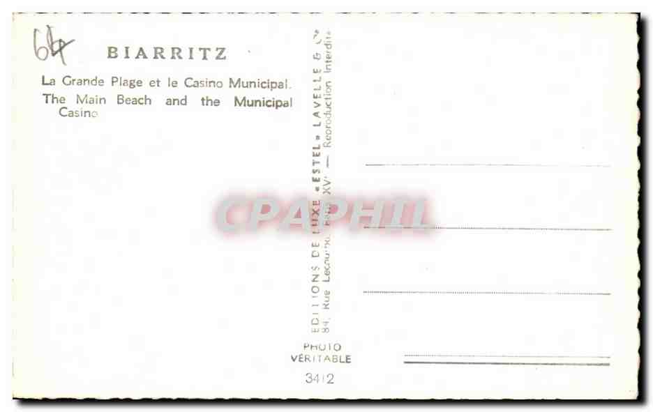 CPA Biarritz La Grande Plage et le casino municipal  — Rückseite