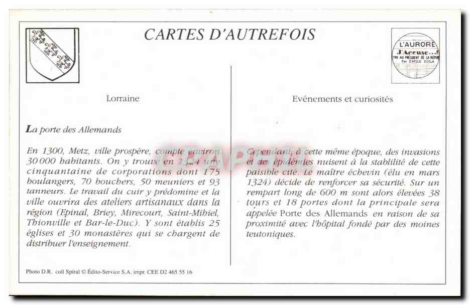 Metz - Porte des Allemands et Anciens Remparts — Cartes d'Autrefois, Édito-Service S.A. — Rückseite